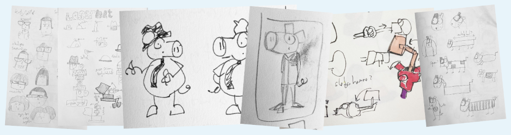 Initial drawings for the characters in the graphic novels