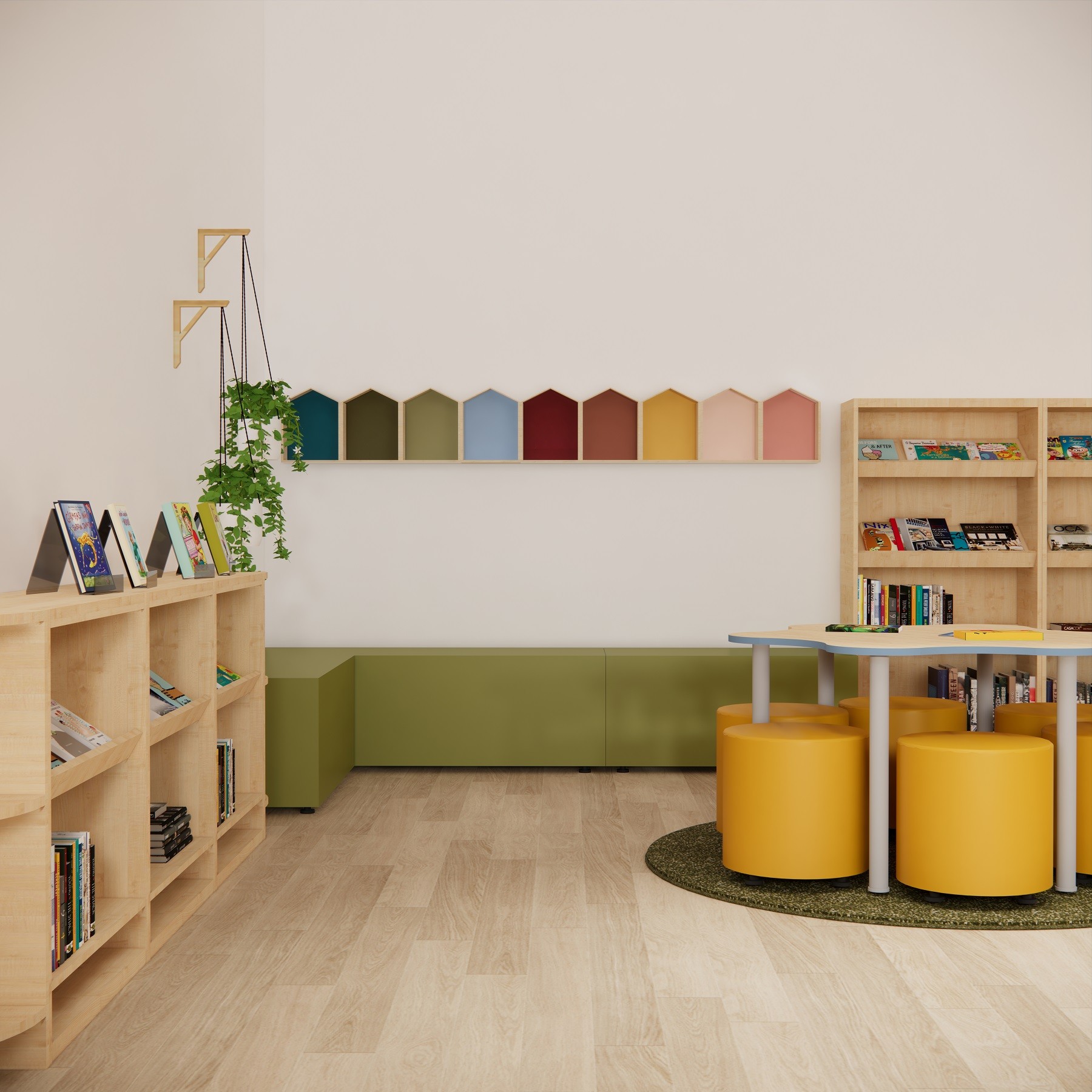 A selection of library furniture for schools in a newly finished space