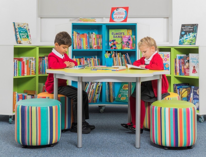 Children using the library furniture for primary schools created by Peters Bookshop.